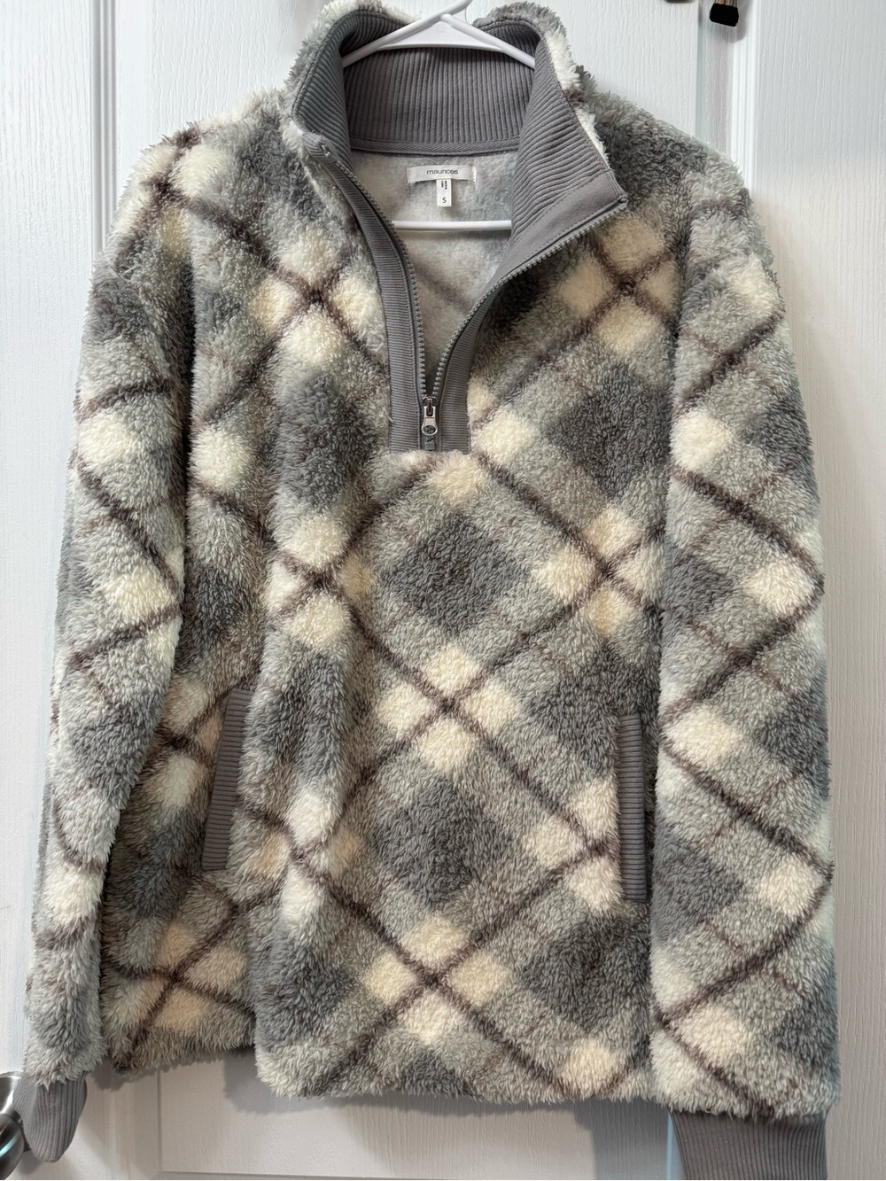 Cozy Gray Plaid Sherpa Half-Zip Pullover Sweater
